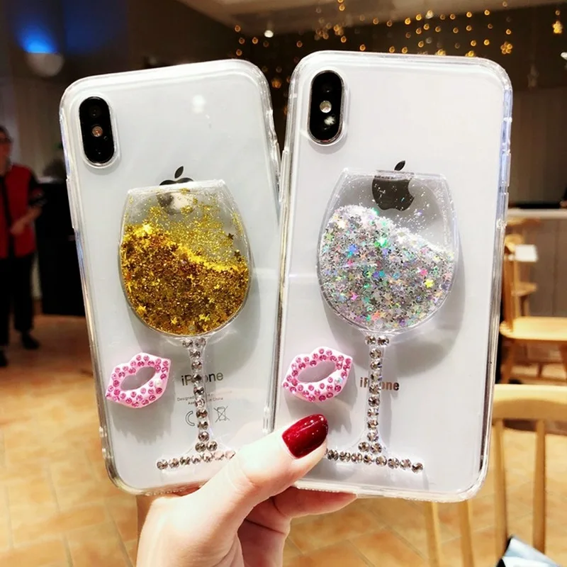For iPhone 11 Pro X XS MAX XR 6 6S 7 8 Plus 5 SE 2020 Case Liquid Quicksand Bling Rhinestone Wine Glass Cover Hang Rope |