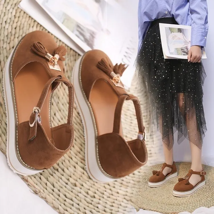 

2021 summer new large size women's shoes fashion tassel round head platform increased Baotou flat sandals women