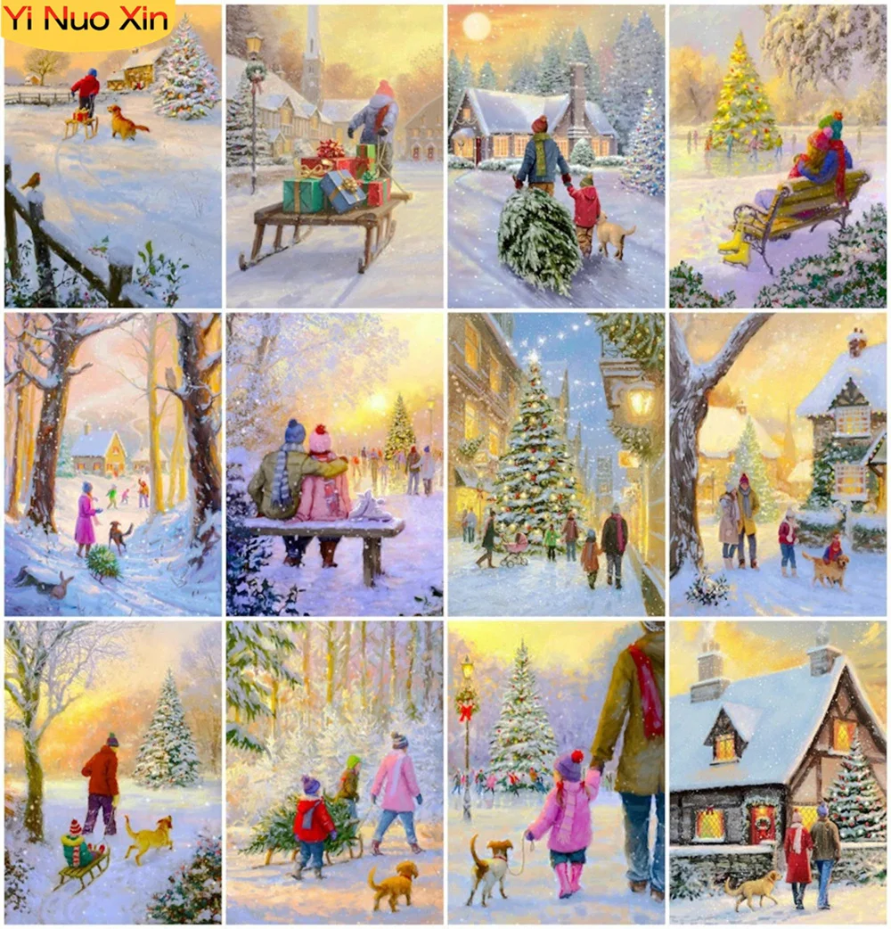 

YNX5D DIY Art Christmas Winter Snow Scene Home Decor New Year Gift Diamond Painting Full Mosaic Rhinestone Diamond Embroidery