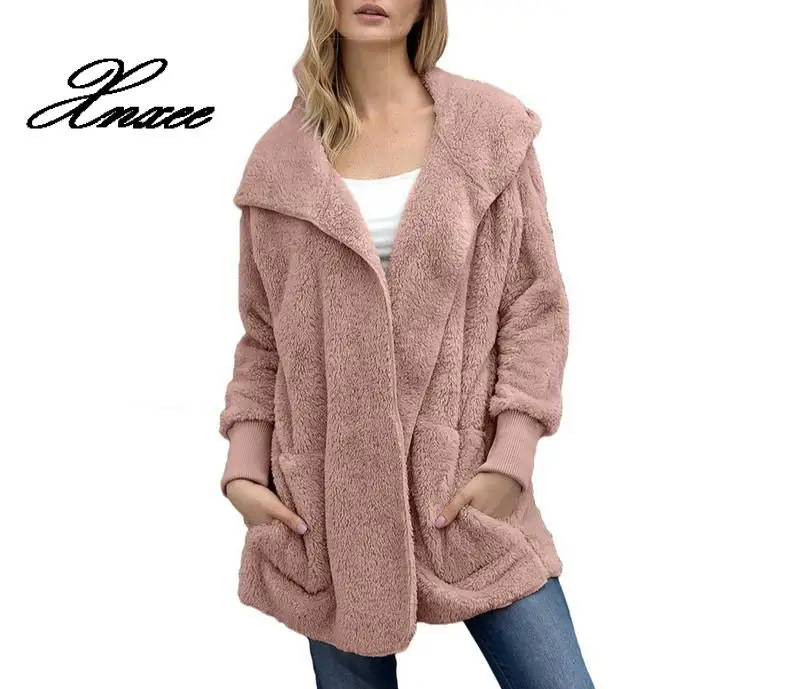 

Xnxee Winter Fleece Coats Fluffy Thick Hooded Coat Warm Women Open Stitch Casual Loose Jacket Cardigan Overcoat Outwear