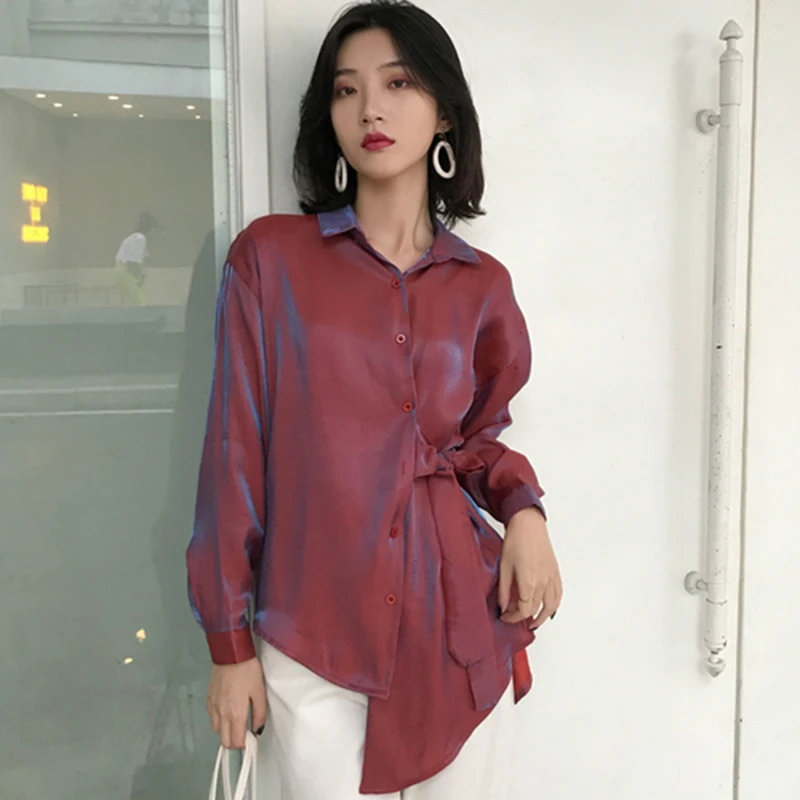 

New Arrival Spring Autumn Women Long Sleeve Asymmetry Loose Shirts Lustre Satin Face Lacing Blouse Tops Female Blusas S429