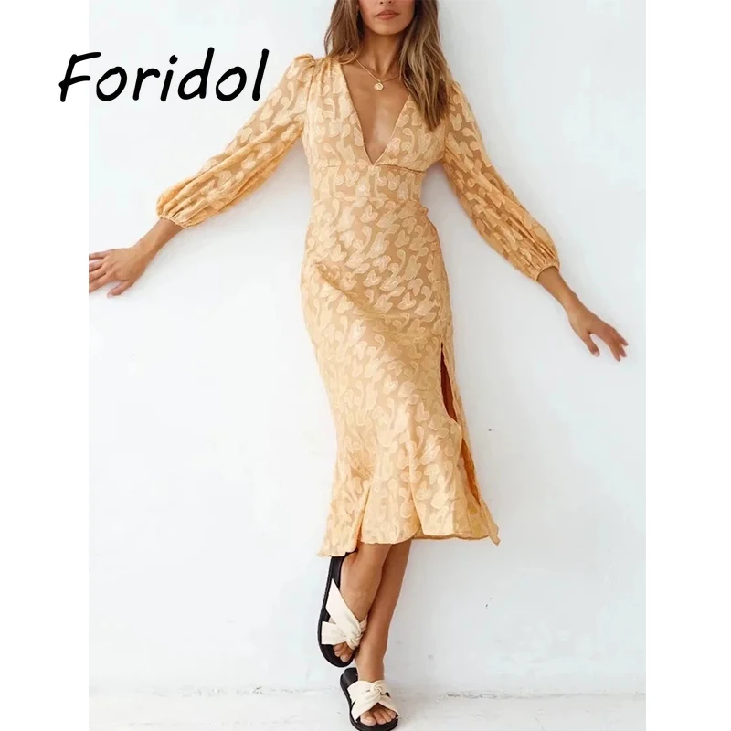 

Платье-миди с длинным рукавом и принтом Foridol, платье для женщин, Элегантное Длинное Платье с разрезом, одежда оранжевого цвета 2022, женское мо...