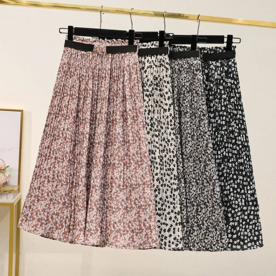 

Spring Summer New 2021 Elegant Floral Print Tulle Mi-long Pleated Skirts Women's High Waist Loose Skirt Female