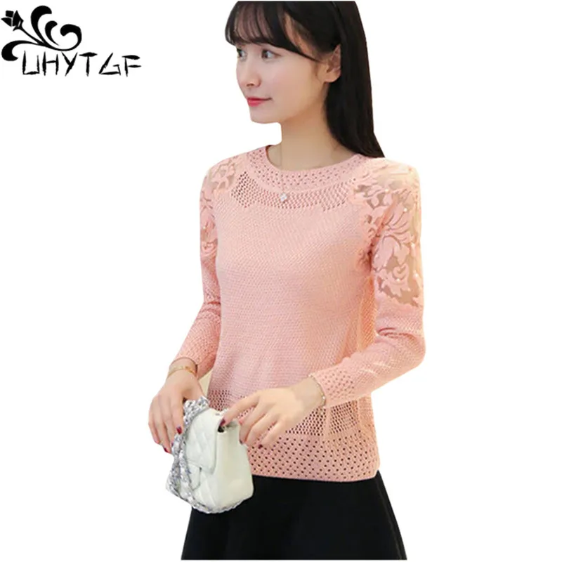 UHYTGF Knitted pullover sweaters women Fashion hollow lace short tops beaded long sleeves thin Spring autumn Sweater female 532 | Женская