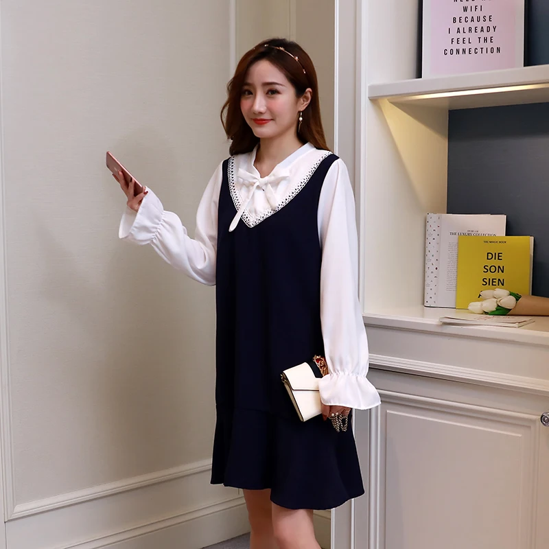 Весеннее модное платье для беременных с длинными рукавами-фонариками и бантом