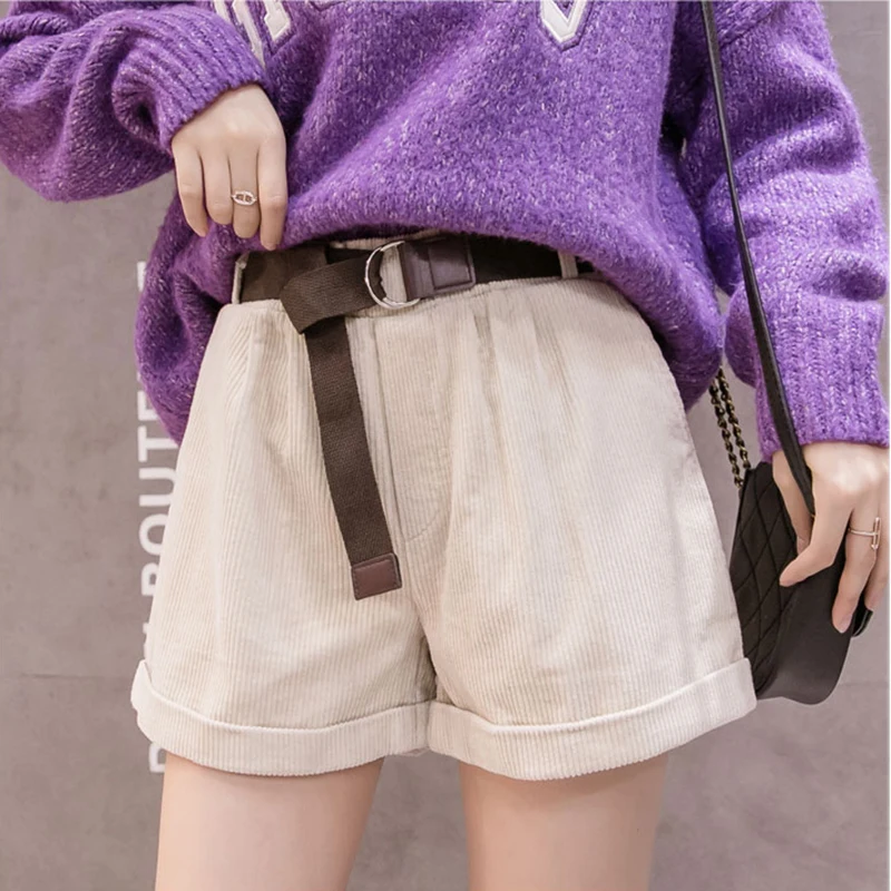 

Corduroy Rolled Wide-leg Short For Women Korean Retro Elastic Waist Loose Casual Short Pants With Belt Loose A line Shorts