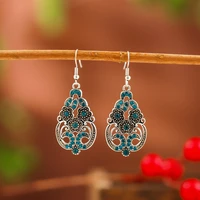 vintage bohemian ethnic blue flower earrings female drop earrings silver color hollow geometric party wedding jewelry gift