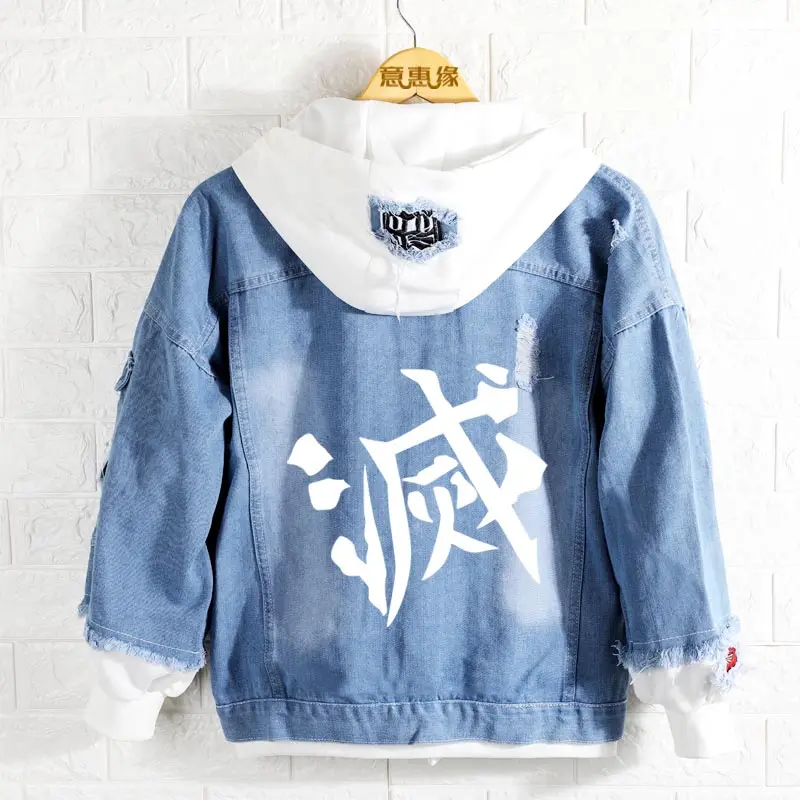 

Kamado Tanjirou Nezuko cosplay costumes Denim Jacket Demon Slayer Kimetsu no Yaiba Jeans Coats Autumn Hooded Outwear Costumes