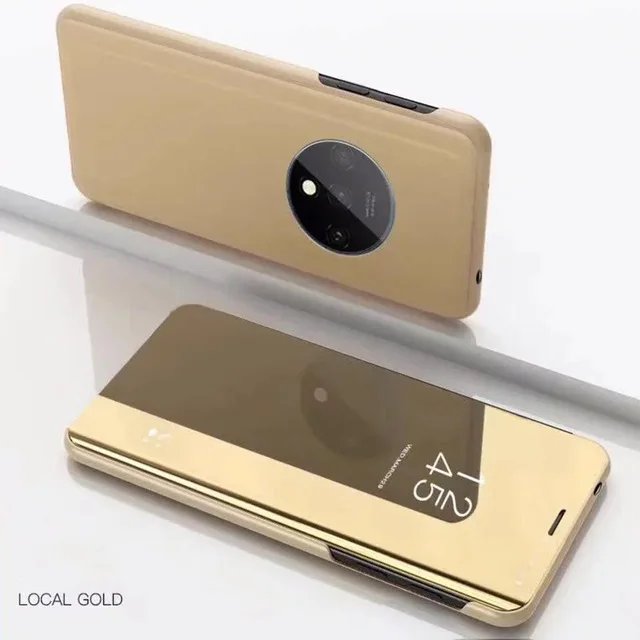 Gold Чехол для Oneplus 7 T, чехол для Oneplus 7 Pro, зеркальный умный флип-чехол, прозрачный вид из искусственной кожи, чехол для Oneplus 7T 1+ 7T 7 Pro, чехол - Цвет: Gold