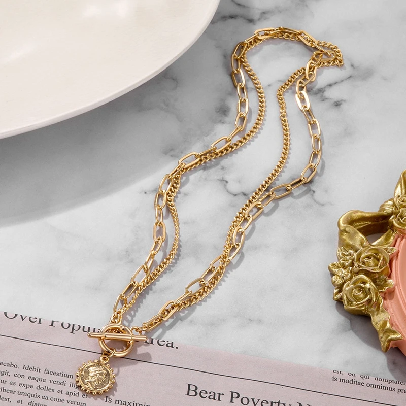 

DAXI Boho Silver Color Carved Portrait Coin Pendant Necklace For Women Lucky Gift Punk Multilayer Chain Choker Necklaces Jewelry