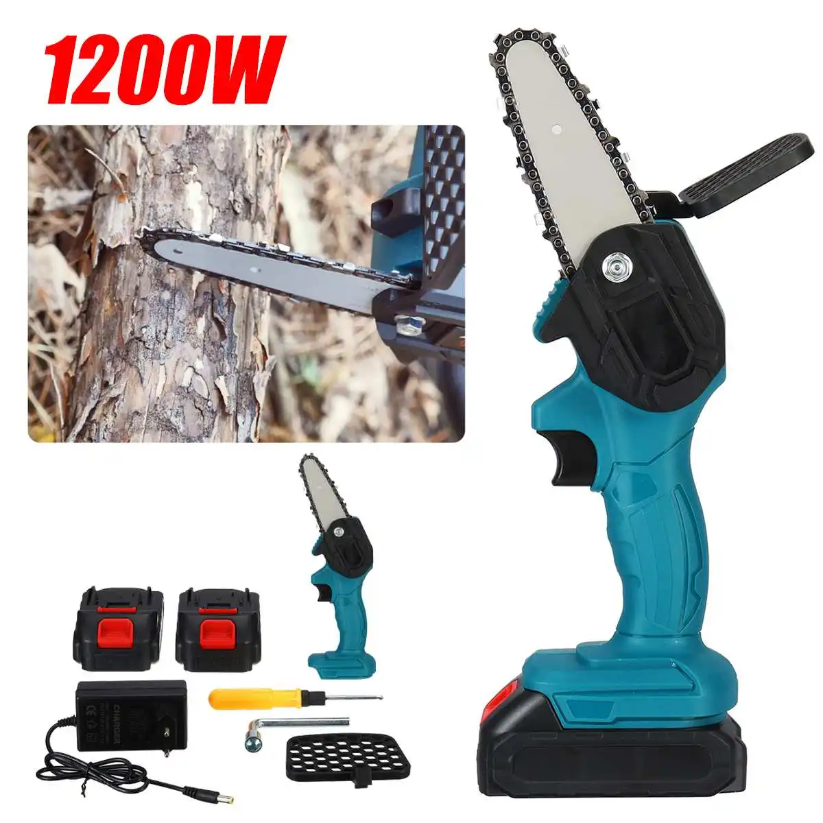 

Doersupp 1200W 4 Inch Mini Electric Chain Saw w/2 Battery Rechargeable Woodworking Pruning One-handed Garden Logging Power Tool