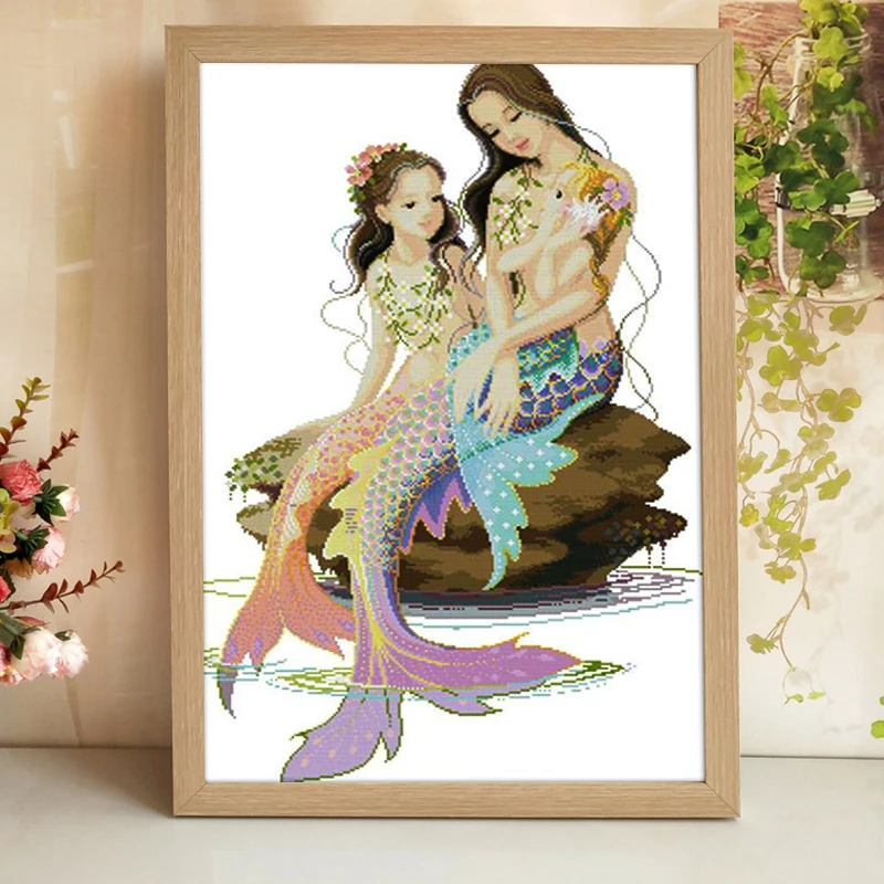 Mermaid mother and daughter Cross Stitch Kits Embroidery Needlework Set 14CT Chinese DMC DIY Cross Stitch Pattern for Home Decor