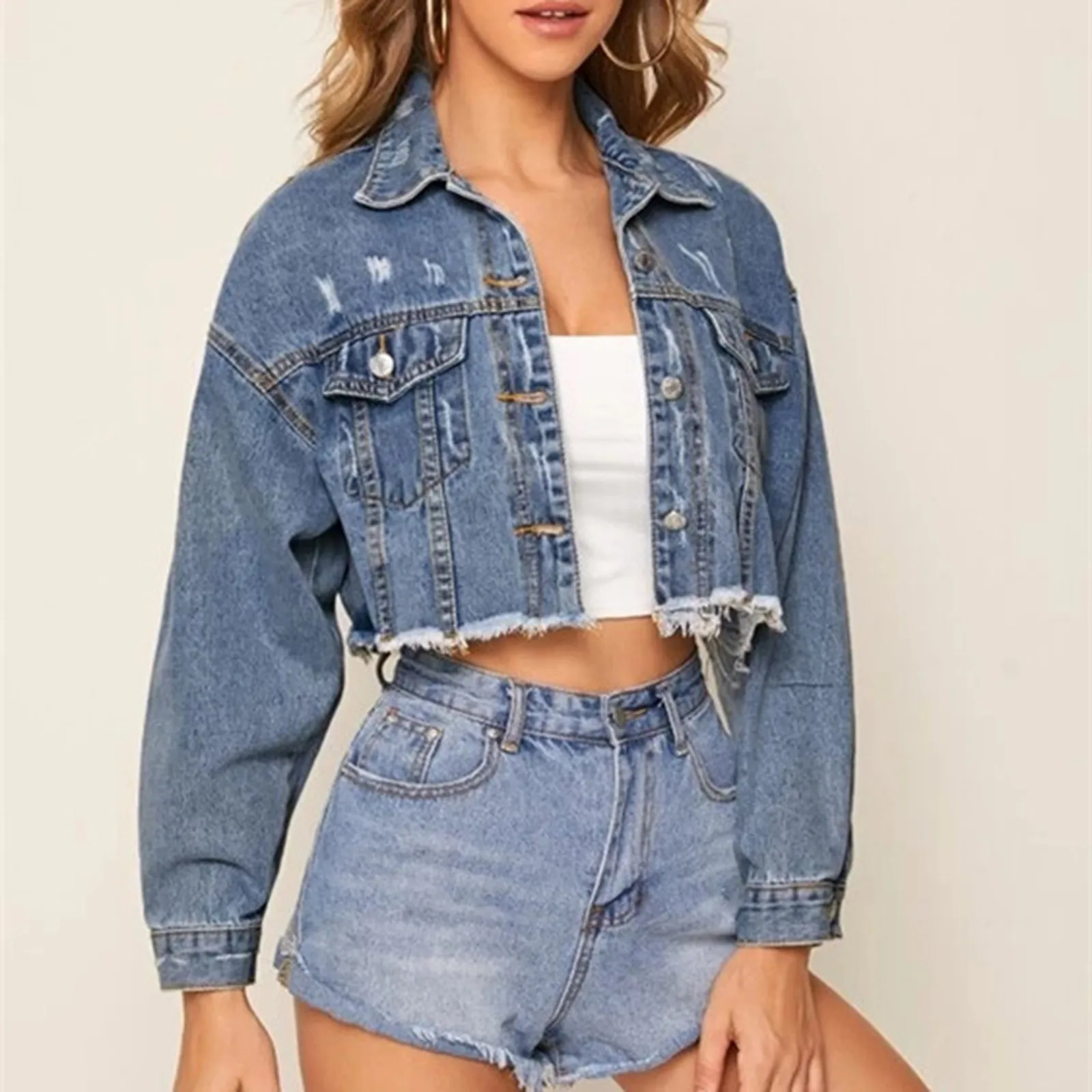 

Women's Button Perforated Denim Jacket Autumn Short Crop Coat Jean Jackets With Pocket Casual Tops Loose Outerwear 4