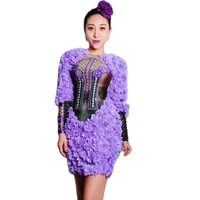 studded flower womens birthday prom celebrate long sleeves dress nightclub dance bodycon party purple dresses stage costumes