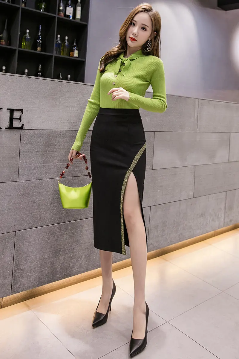 

Stretch high waist bag hips skirt women mid-length slim split skirt wedding ceremony festive long skirts office lady clothes