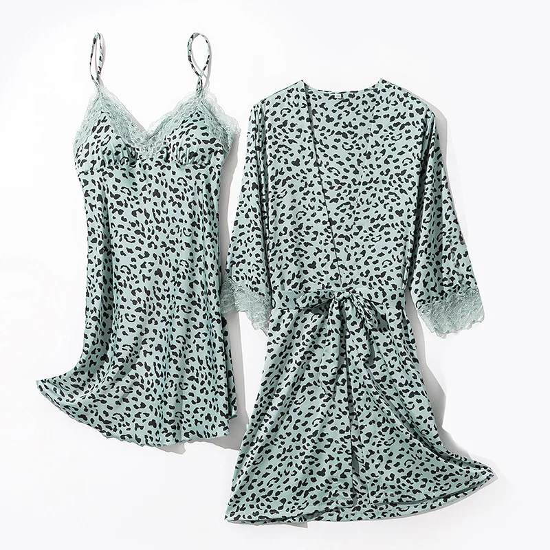 

Women Blue Leopard Print Robe 2PCS Nighty&Robe Set Bath Gown Sleepwer Thin Satin Mini Nightdress Nightgown