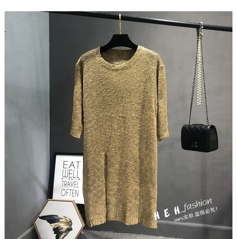Cakucool Новые блестящие вязаные свитера платье Весна Круглая горловина половина