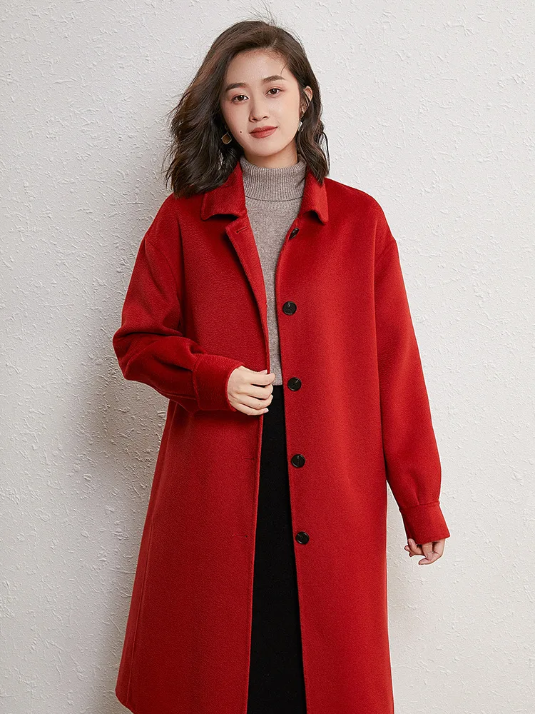 Wool coat women winter long wool retro loose female water ripple single-breasted lantern sleeve red | Женская одежда