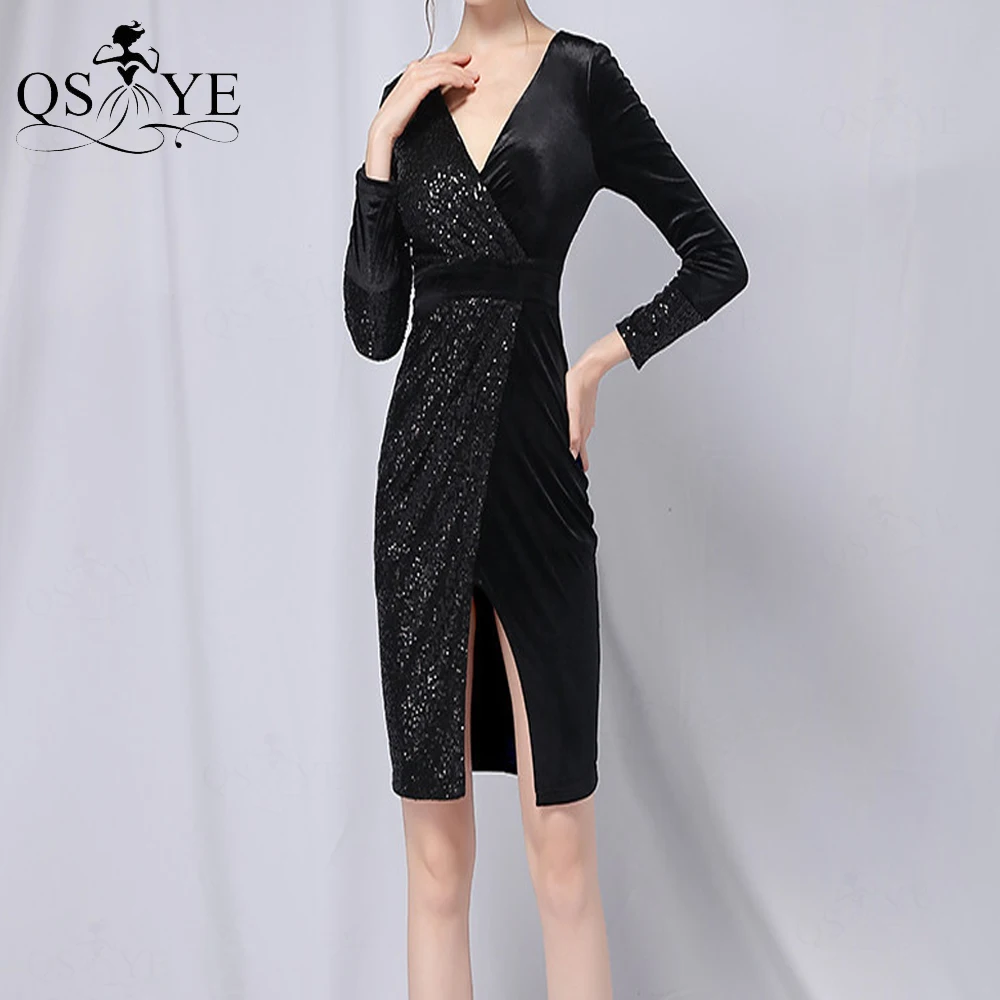 

Black Exquisite Velvet Evening Dress Sheath Short Prom Gown Long Sleeves Women Party Dress Fit Split Short Sequin Formal Gown