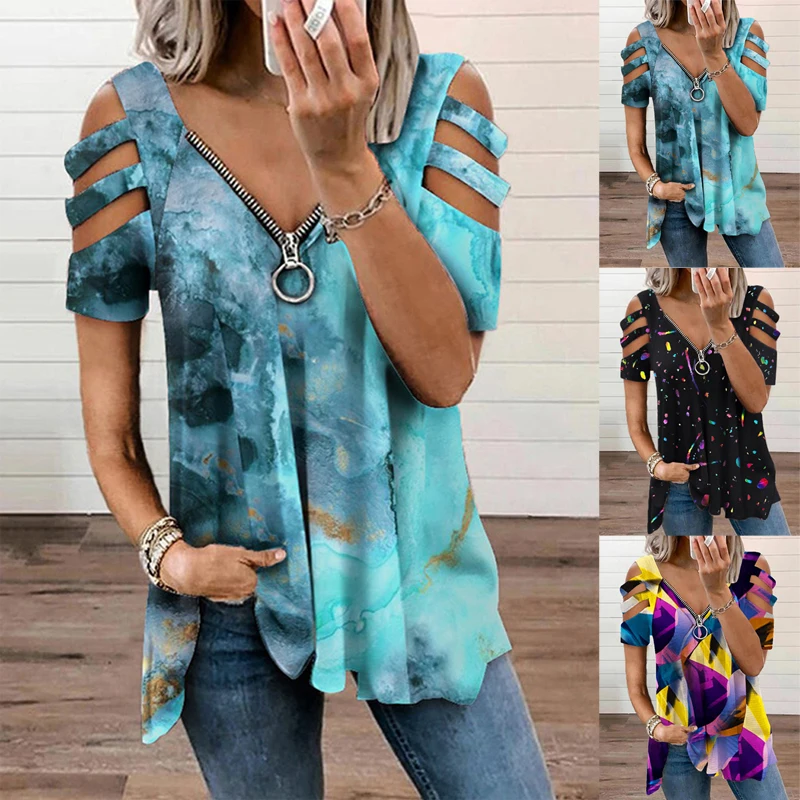 

Летняя женская новая модная футболка на молнии с воротником и коротким рукавом, Повседневная рубашка с принтом и открытыми плечами, Свободн...