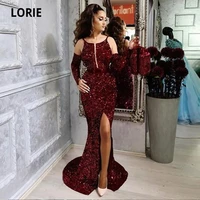 lorie burgundy arabic sequinned evening dresses halter mermaid prom gown party celebrity dress detachable sleeve robe luxe femme