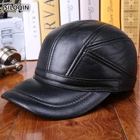 siloqin adjustable genuine leather hat man winter warm first layer cowhide baseball caps middle aged earmuffs tongue cap dad cap