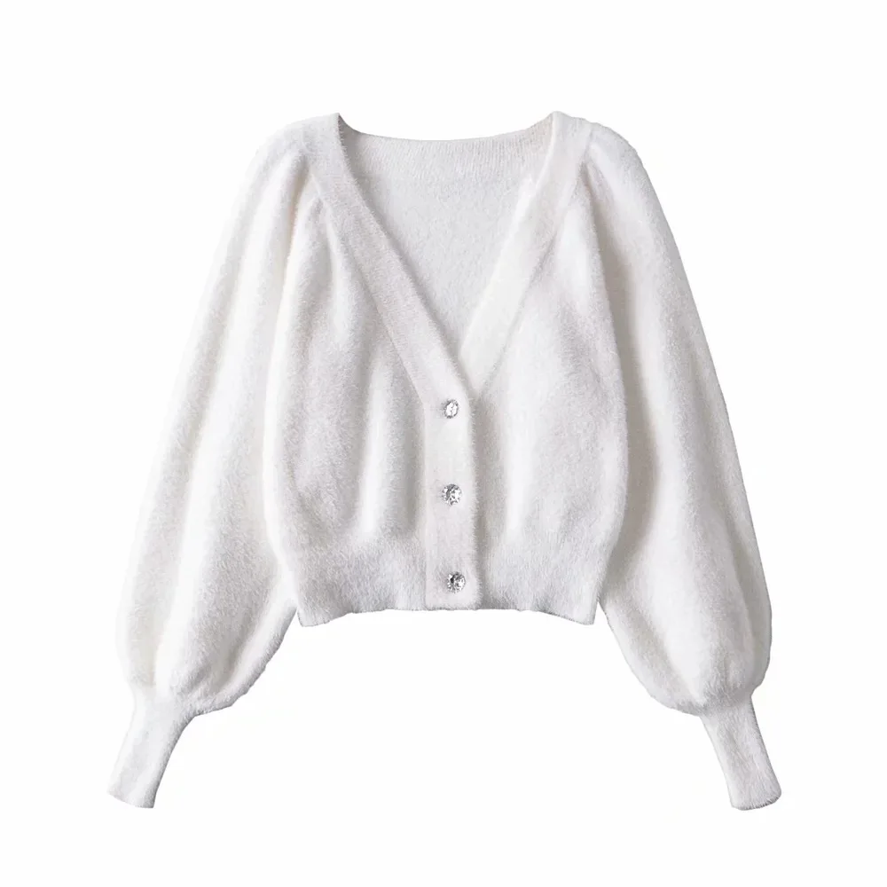 

TVVOVVIN Women's Fashion Solid Color Puff Sleeve Knitted Sweater Mohair V-neck Loose Casual Short Cardigan ZFXJ