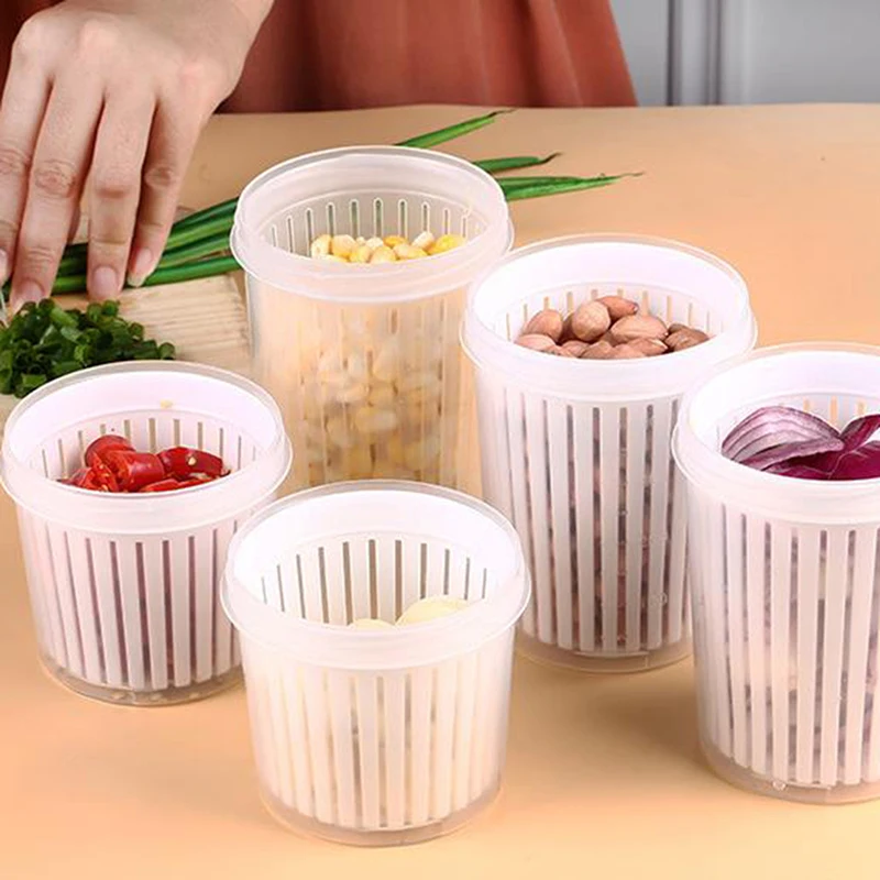

Home Drain Sealed Box Organizer Food Container Refrigerator Kitchen Round Transparent Double Drain Storage Box Ingredients Box
