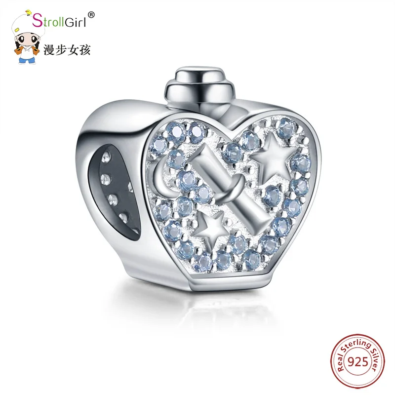 StrollGirl 100% 925 стерлингового серебра бутылек бусины с звезды и луна Lucky амулет