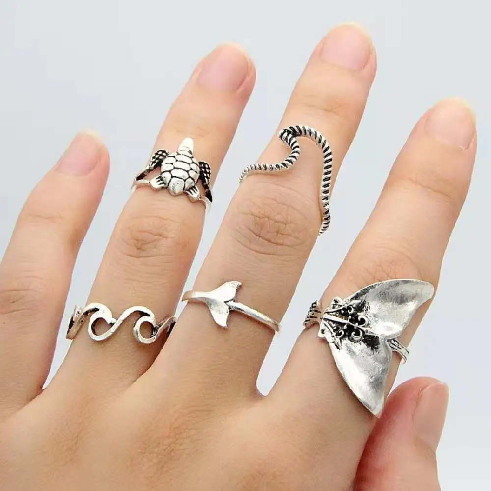 

5 Buns/set Retro Ring League Great turtle Fishtail Pattern Sea Wave for Women Present Accessory Joint Rings of Jewelry