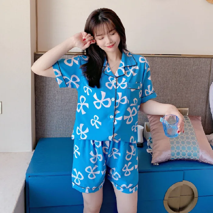 2021Summer New Women's Pajamas Ice Silk Short-sleeved Cute Thin Student Casual Home Wear Pijamas Women Sleepwear Sleep Tops
