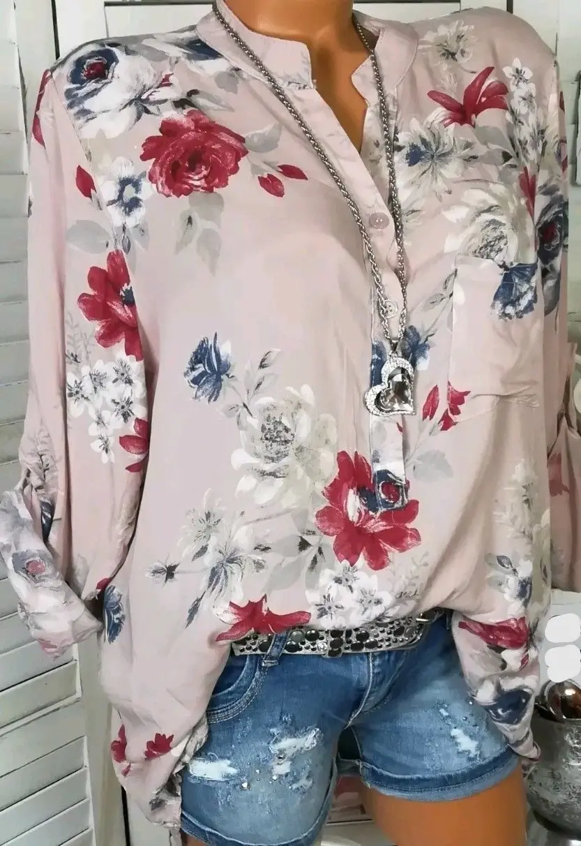 

Oversized Tops Women White Blouses Fashion Floral Print Shirt Casual Button V-neck Long-sleeve Top Plus Size Blusas Rojas Mujer