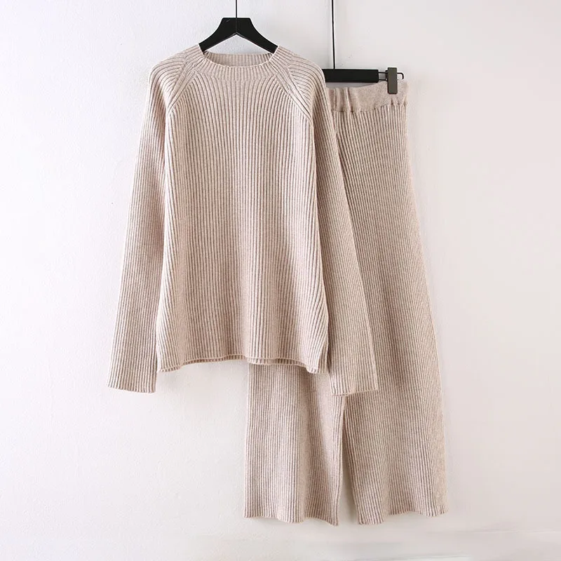 

SuperAen Plus Size Fashion Knitted Suit Women's 2021 Autumn New Solid Loose Sweater Wide Leg Pants Two-piece Set