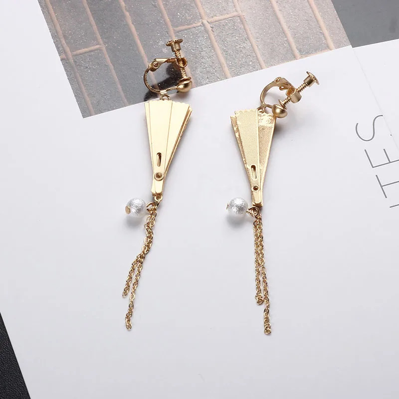 ЯПОНСКИЕ ВИНТАЖНЫЕ серьги клипсы с золотым металлическим веером цепочка