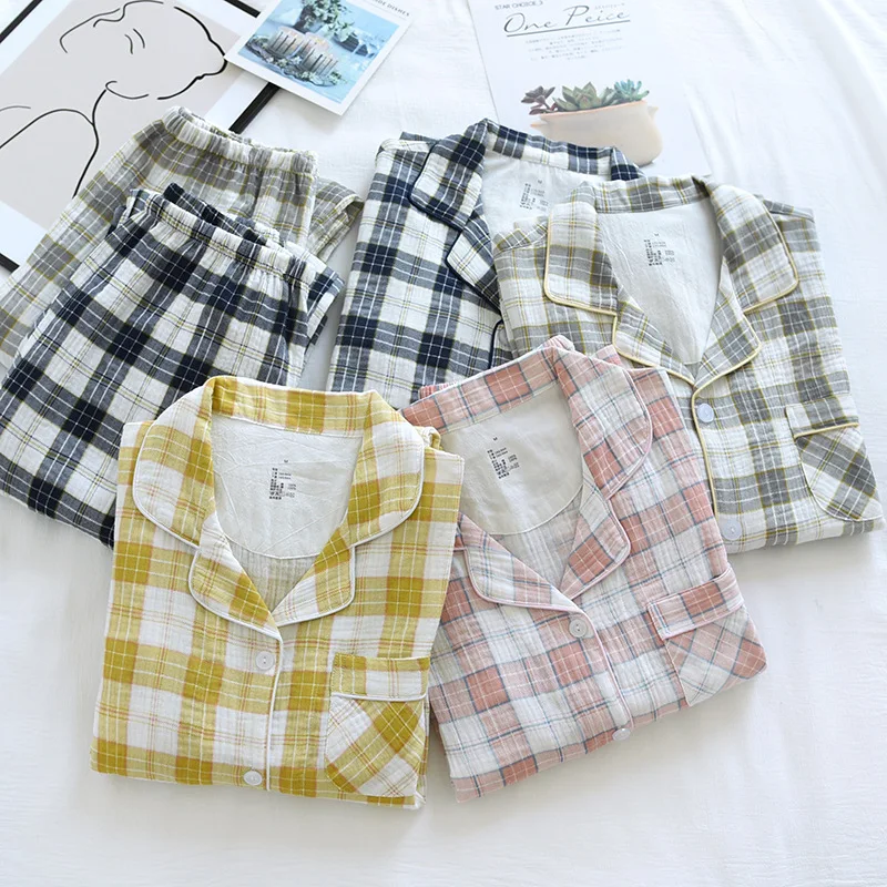 Spring And Summer New Couple 100%Cotton Crepe Pajamas Two-piece Men's Long-sleeved Trousers Ladies Home Service Set Simple Plaid