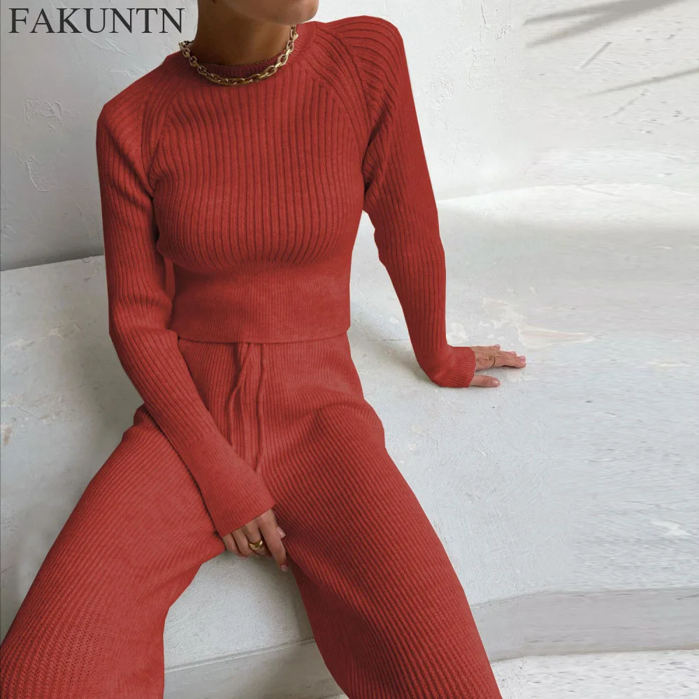 저렴한 FAKUNTN-니트 여성 정장, 투피스 세트, 여성 의상, 솔리드 라운지웨어, 슬림 긴 소매 상의 및 긴 바지, 겨울 여성 세트