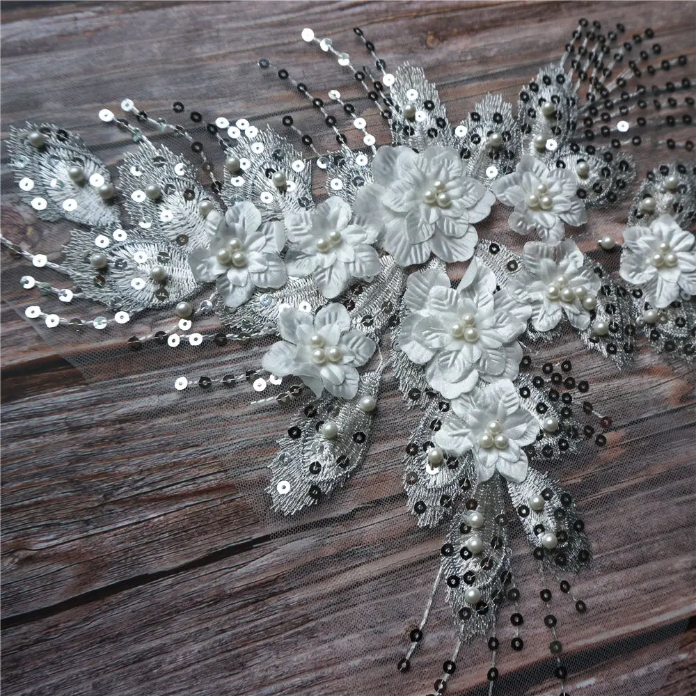 Белая блестящая кисточка 3D Цветочные бусины розы кружевная ткань вышитая