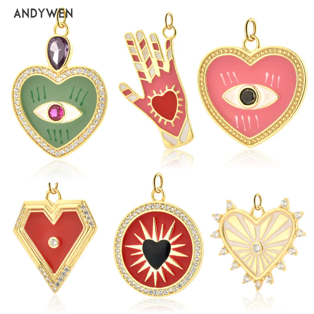 

ANDYWEN 925 Sterling Silver Gold Red Heart Round Pendant Fine Jewelry Gift Colorful Spring Enamel Rainbow Rock Punk Wedding Gift