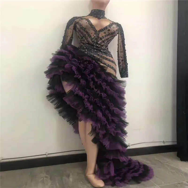 

H119 Trailing Dress Singer Dancer Feathers Party Pearls Drilling Chain Diamond See-Through Sexy Gem Elastic Stretched Jumpsuit