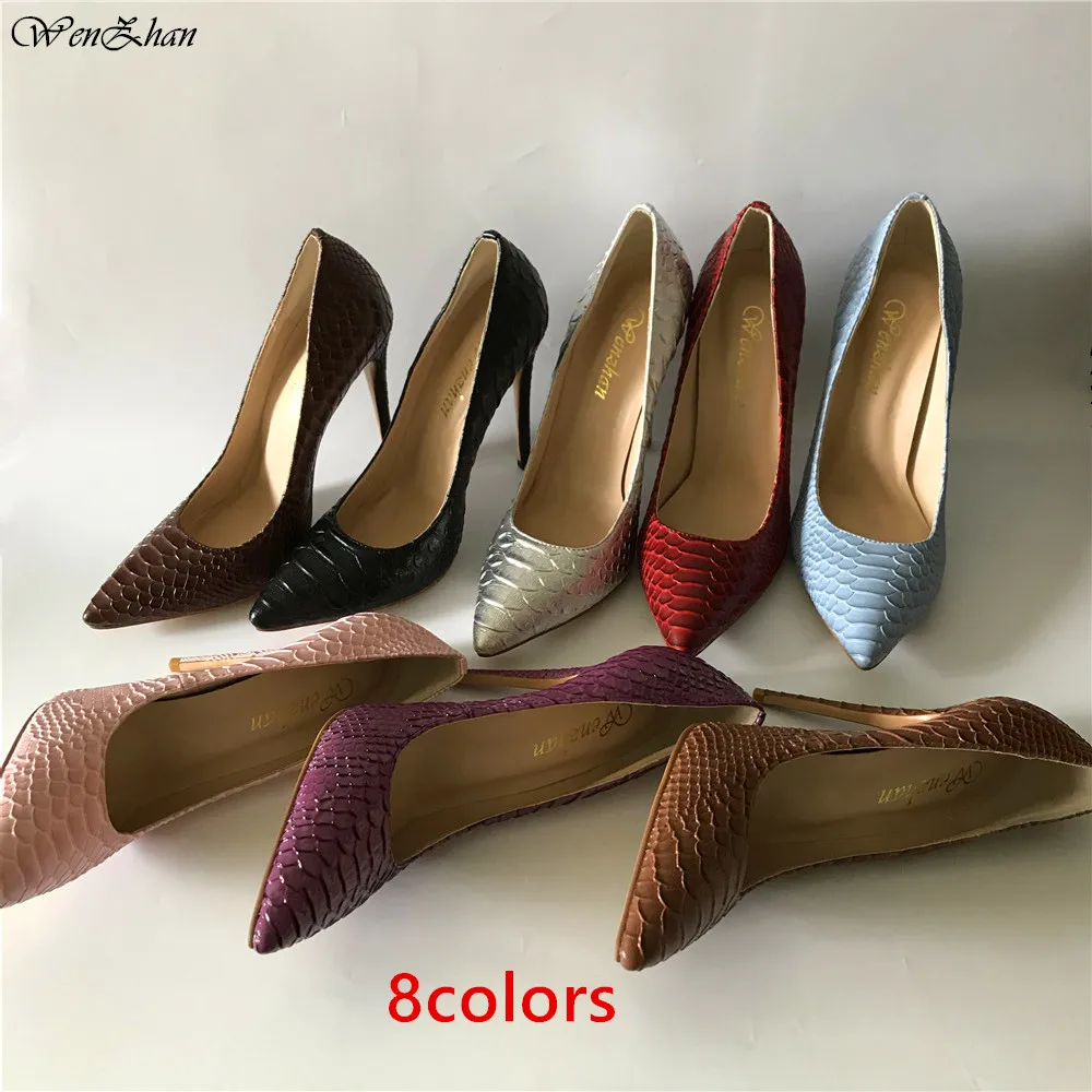 

Beautiful pointed toe high heel shoes snake leather elegant single shoes 12cm high heel ladies party shoes WENZHAN A98-27