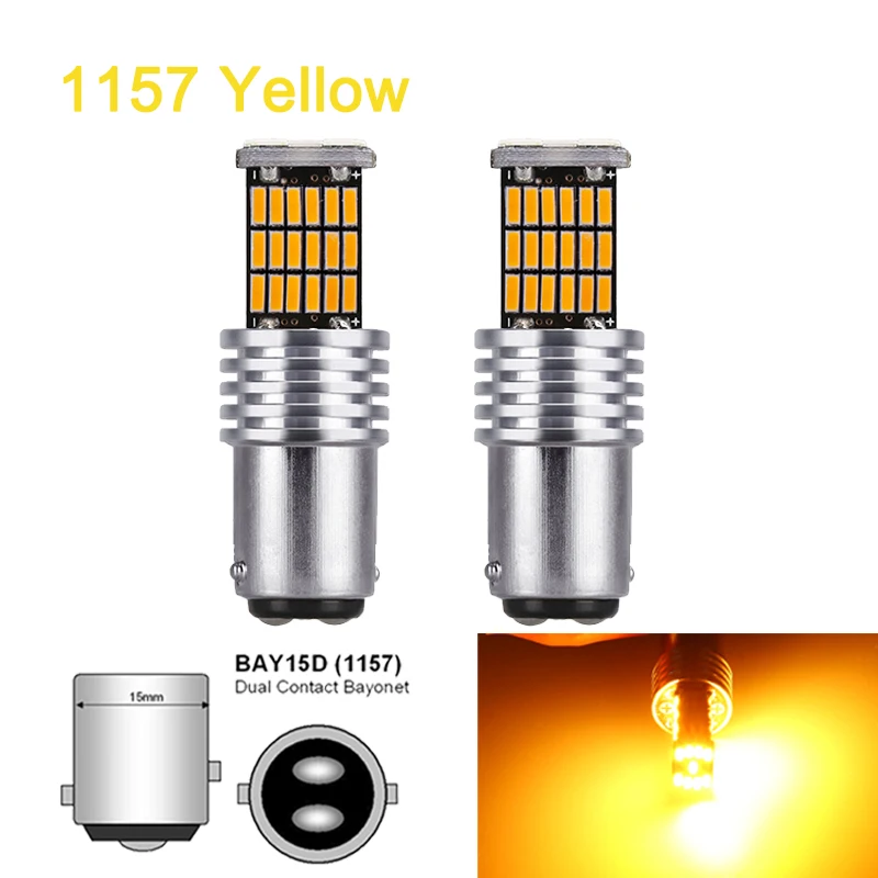 1157(Bay15d) Yellow 2 шт. P21W 1156 Ba15s светодиодный автомобильный сигнальный светильник Bay15d 1157 светодиодный светильник Canbus 12 в 6000 К 45SMD Автомобильный задний тормоз парковочная лампа без ошибок - Испускаемый цвет: 1157(Bay15d) Yellow