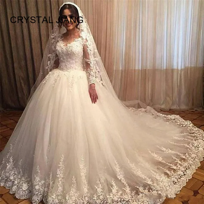 

Charming 2020 Bride Dress Long Sleeves Lace Applique Wedding Dress Custom made Ball Gown Dubai Robe de Mariage