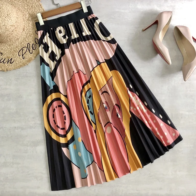 

2021 Women Midi Skirts Funny Character Cartoon Printing Cotton Pleated Skirts Constra Color Girls Daily Casual Long Skirts
