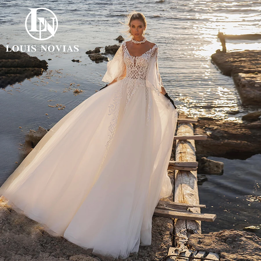 

Женское свадебное платье с открытой спиной LOUIS NOVIAS, белое фатиновое платье-трапеция с расклешенным рукавом, вышивкой сердечком и открытой спиной, 2022