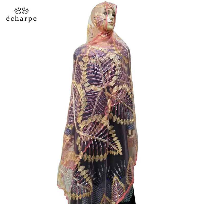 Новейшие африканские женские хиджаб шарфы дизайн листьев большая вышивка мягкий