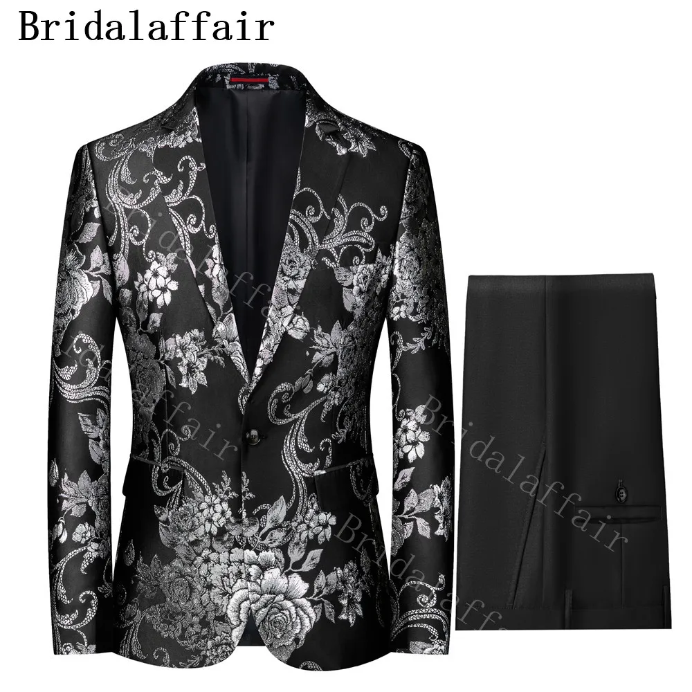 Мужские вечерние костюмы Bridalaffair черные серебристые повседневные приталенные с