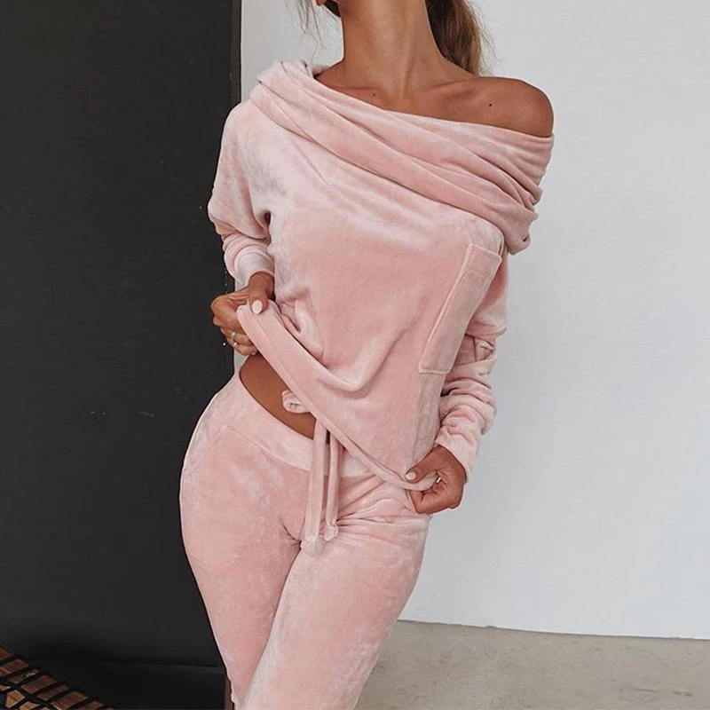 

Velvet 2 Piece Set Tracksuit for Women Outfits Pink Top and Pants Trouser Suit Off Shoulder Matching Loose Warm Clothing 2020