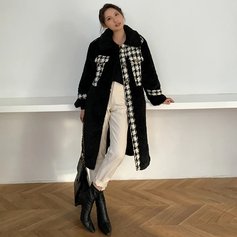 

New Long Sleeve Women Fashion Tide Autumn Winter 2021 1X5870 Loose Fit Plaid Lambswool Big Size Long Woolen Coat Parkas