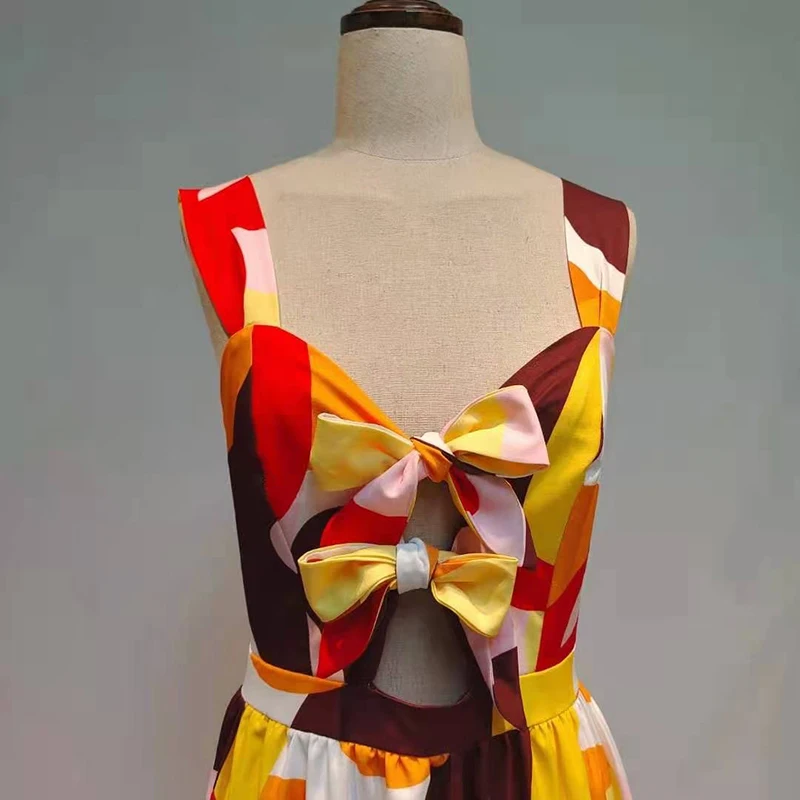 Женское платье без рукавов VGH лоскутное с бантом квадратным вырезом и высокой