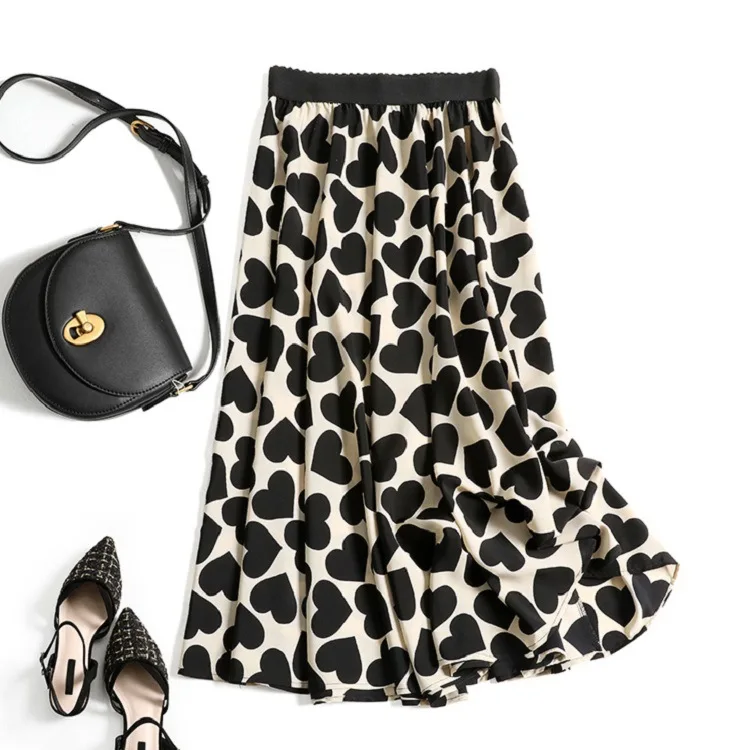 Осенне-зимняя юбка с принтом в виде сердечек Хлопковая эластичной резинкой на